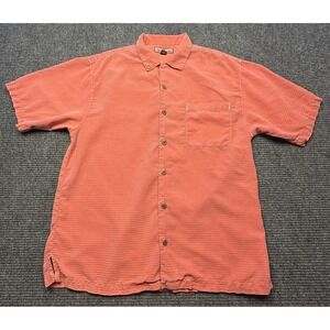 Tommy Bahama Shirt Mens Medium Orange Stripe Silk Cotton‎ Short Sleeve Button